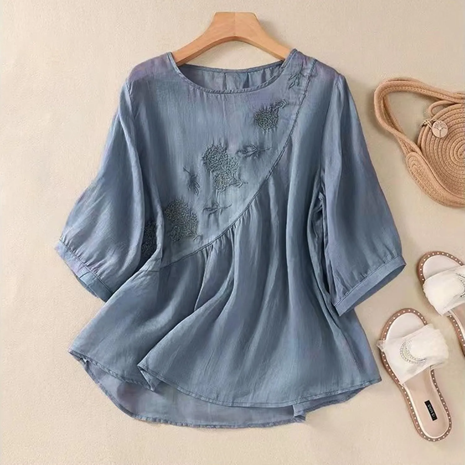 Linen Shirts for Women Summer Flowy Embroidered Cotton Peasant Tops 2025 Elbow Sleeve Cute Boho Tunic Dressy Tops