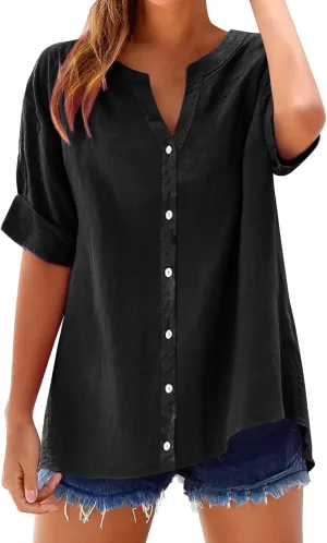 Linen Shirts for Women V Neck Button Down Blouse Roll Up Short Sleeve Tunics Vintage Beach Tops Travel Clothes