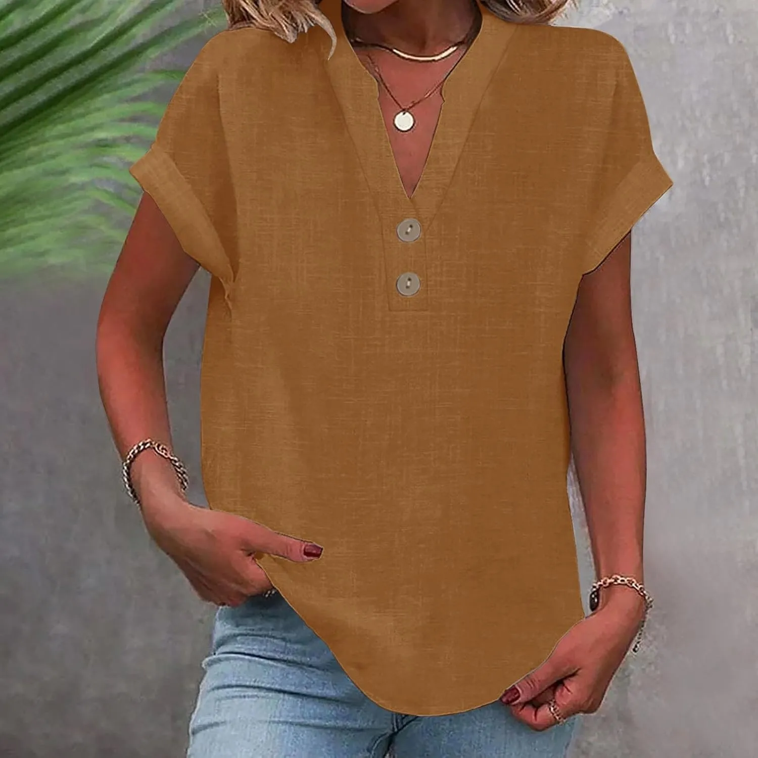 Linen Shirts for Womens Cotton Button Up Tops Summer Short Sleeve Roll Up Loose Soft Fit V-Neck Casual Work Blouse