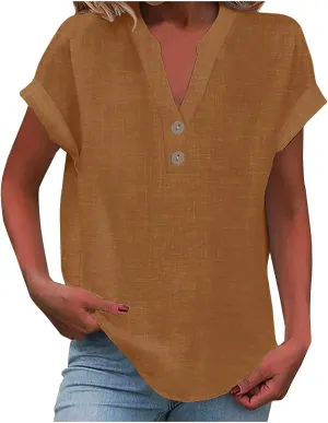 Linen Shirts for Womens Cotton Button Up Tops Summer Short Sleeve Roll Up Loose Soft Fit V-Neck Casual Work Blouse
