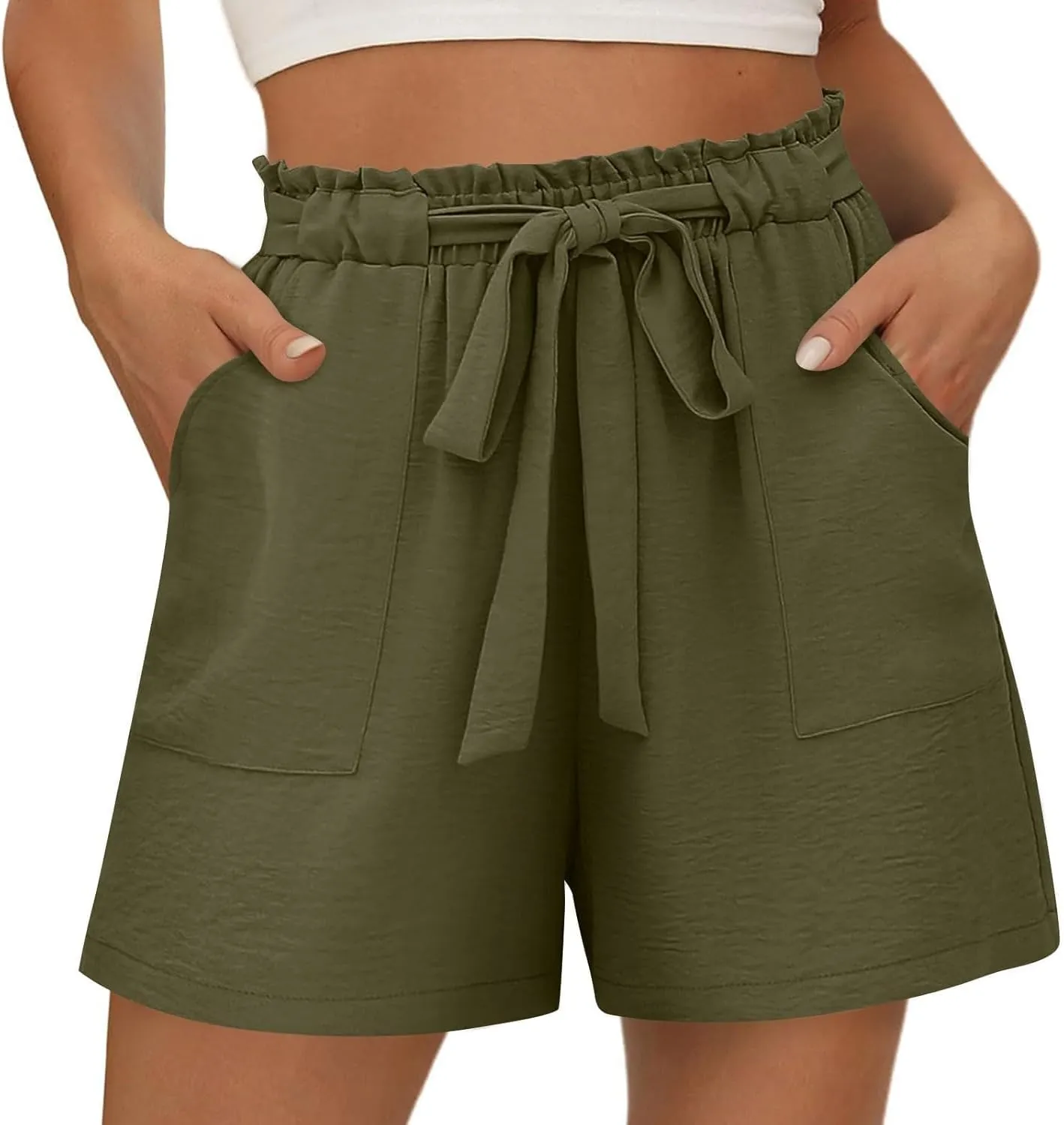 Linen Shorts for Women Summer High Waist Elastic Adjustable Tie Knot Lounge Shorts Casual Loose Flowy Short Pants