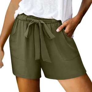Linen Shorts for Women Summer High Waist Elastic Adjustable Tie Knot Lounge Shorts Casual Loose Flowy Short Pants