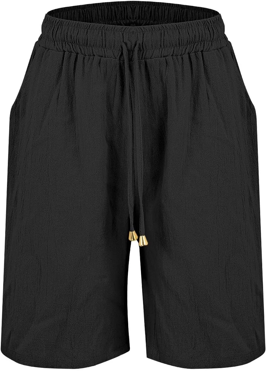 Linen Shorts for Womens High Waisted Drawstring Bermuda Shorts Summer Casual Plus Size Soft Beach Short with Pockets