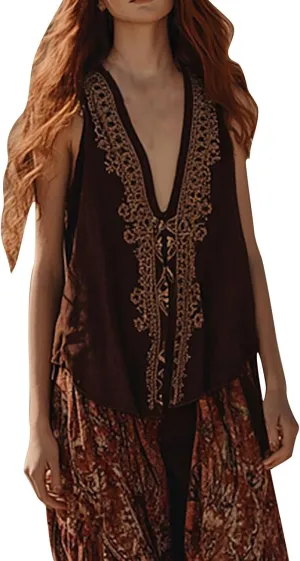 Linen Tops for Women Summer Loose Fit Plus Size 2025 Trendy Embroidered Boho Tank Top V Neck Sleeveless Beach Shirts