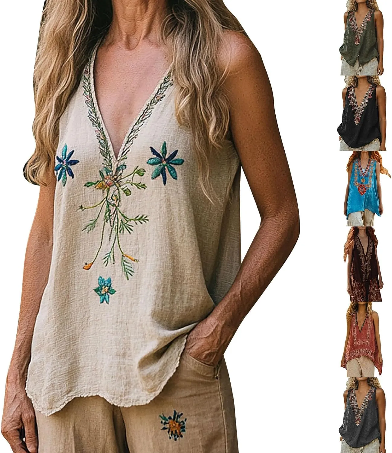 Linen Tops for Women Summer Loose Fit Plus Size 2025 Trendy Embroidered Boho Tank Top V Neck Sleeveless Beach Shirts