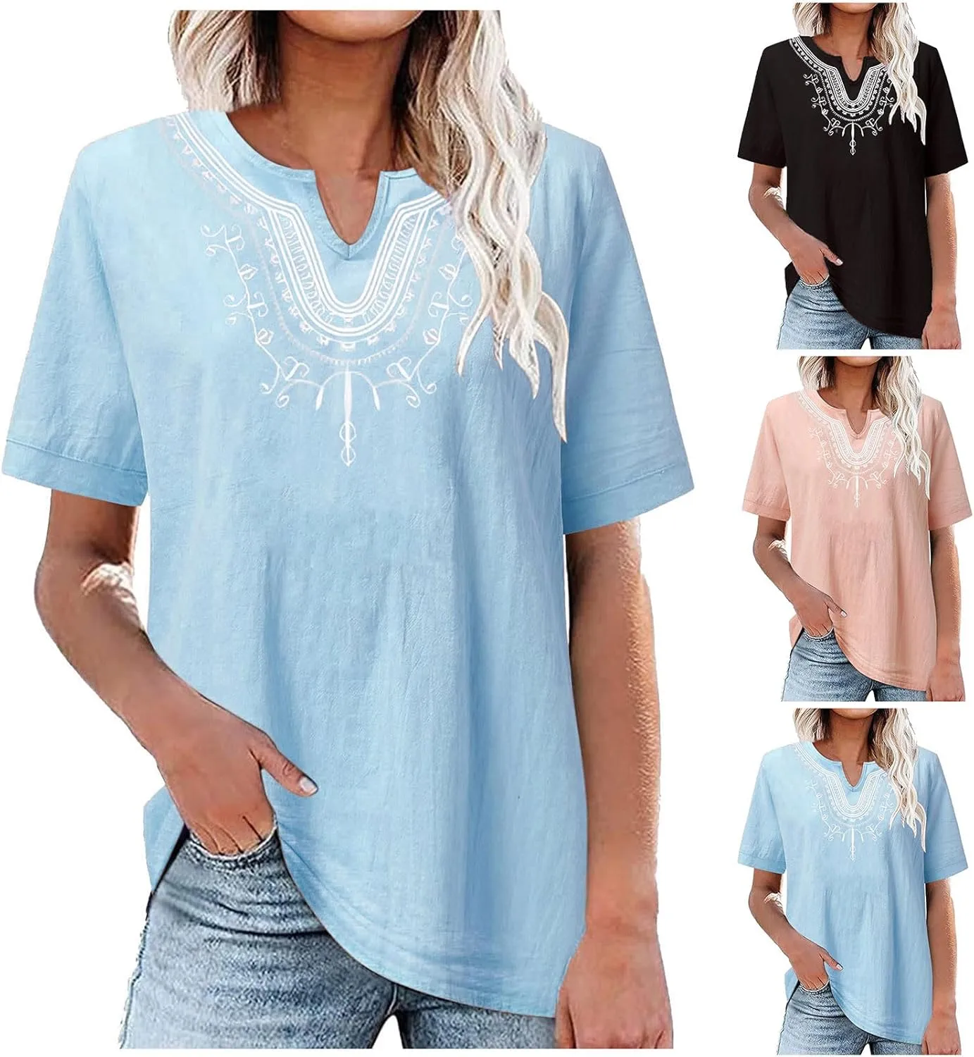 maisdgop Embroidered Tops for Women Fashion Mexican Boho Blouse Casual V Neck Short Sleeve Shirt Comfy Cotton Linen T-Shirt