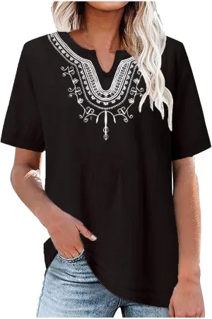 maisdgop Embroidered Tops for Women Fashion Mexican Boho Blouse Casual V Neck Short Sleeve Shirt Comfy Cotton Linen T-Shirt