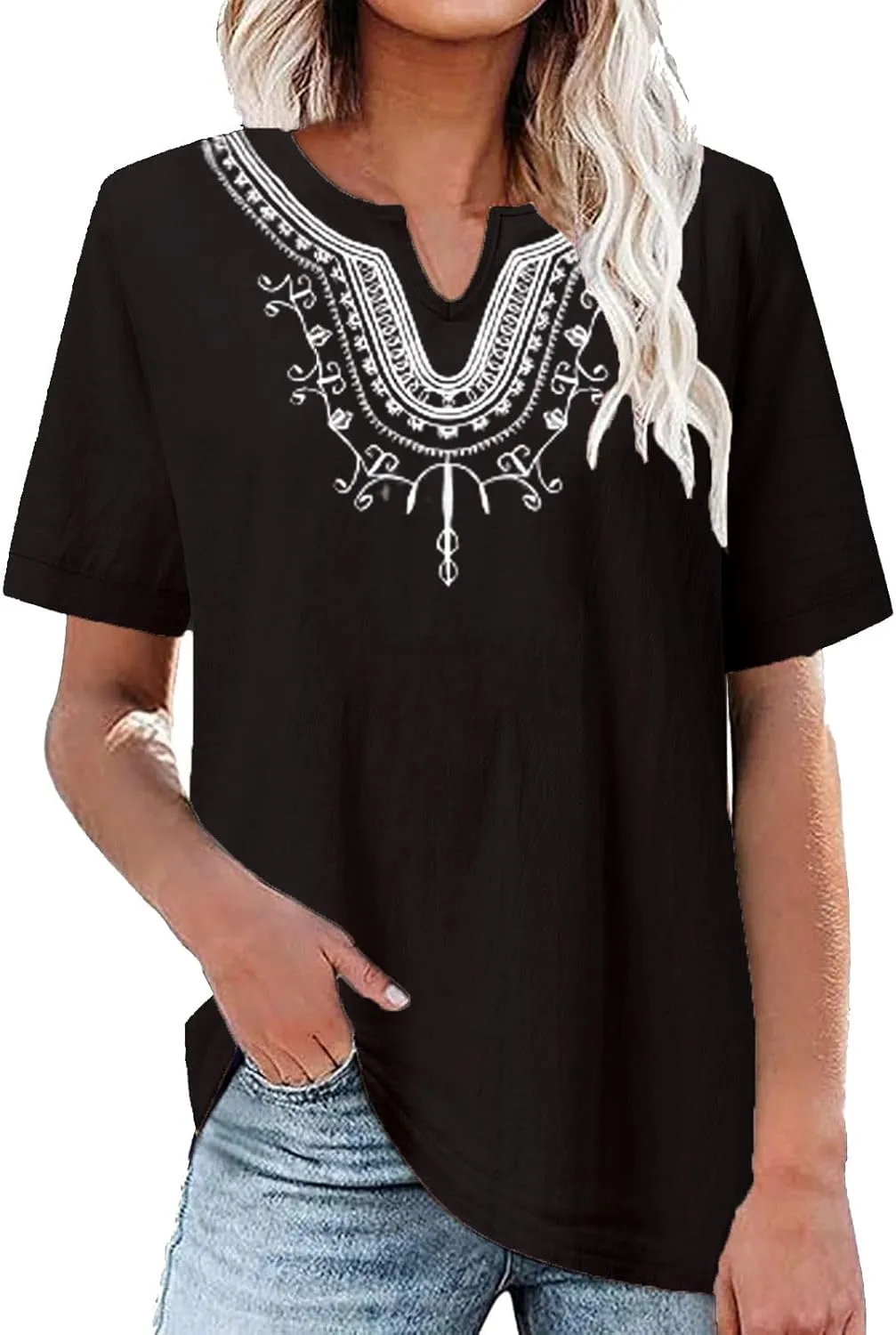 maisdgop Embroidered Tops for Women Fashion Mexican Boho Blouse Casual V Neck Short Sleeve Shirt Comfy Cotton Linen T-Shirt
