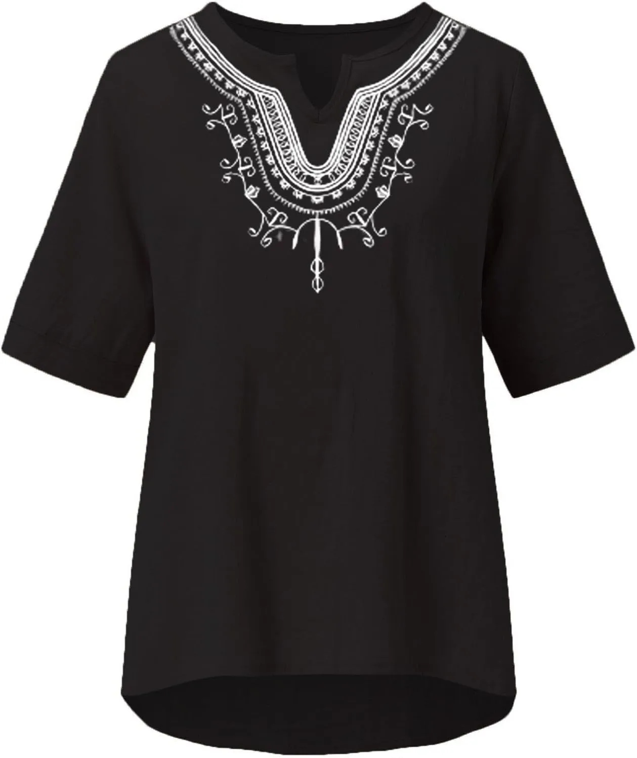 maisdgop Embroidered Tops for Women Fashion Mexican Boho Blouse Casual V Neck Short Sleeve Shirt Comfy Cotton Linen T-Shirt