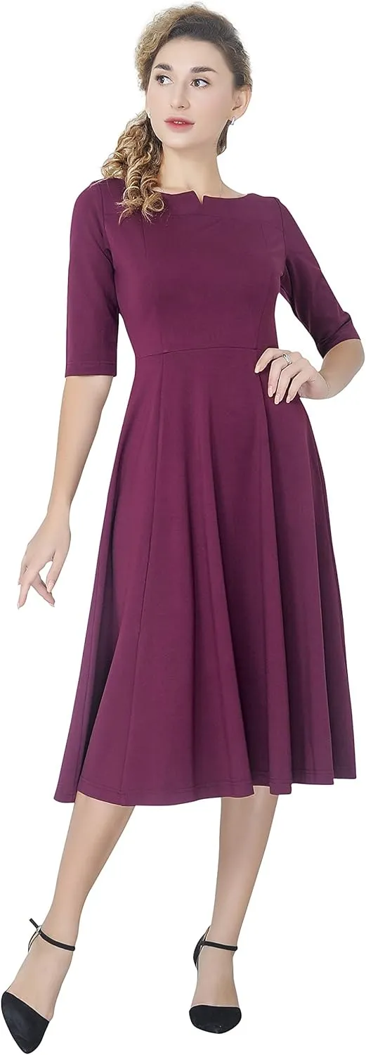 Marycrafts Women's Fit Flare Tea Midi Dress for Office Business Work