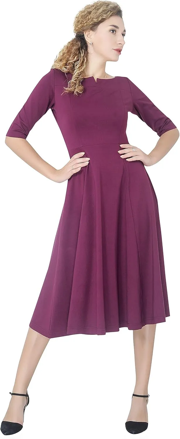 Marycrafts Women's Fit Flare Tea Midi Dress for Office Business Work