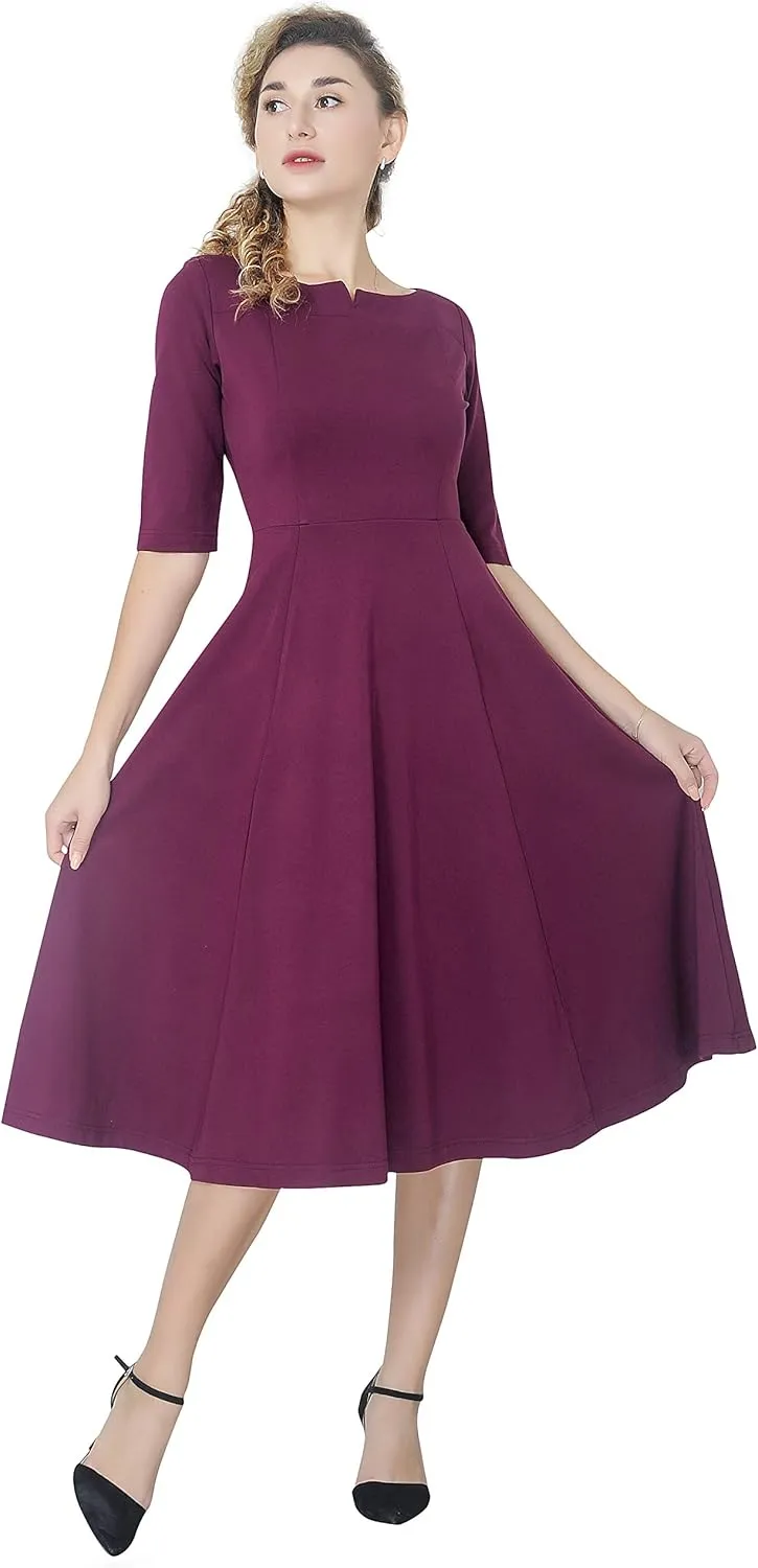 Marycrafts Women's Fit Flare Tea Midi Dress for Office Business Work
