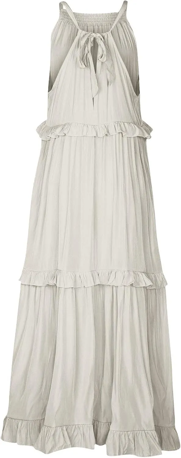 Maxi Dresses for Women 2025 Summer Smocked Ruffle Sundress Tiered Beach Dress Flowy Halter Sleeveless Long Dress