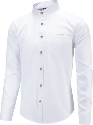 Men Banded Collar Shirts Oxford Mandarin Collar Shirts Camisa sin Cuello para Hombre