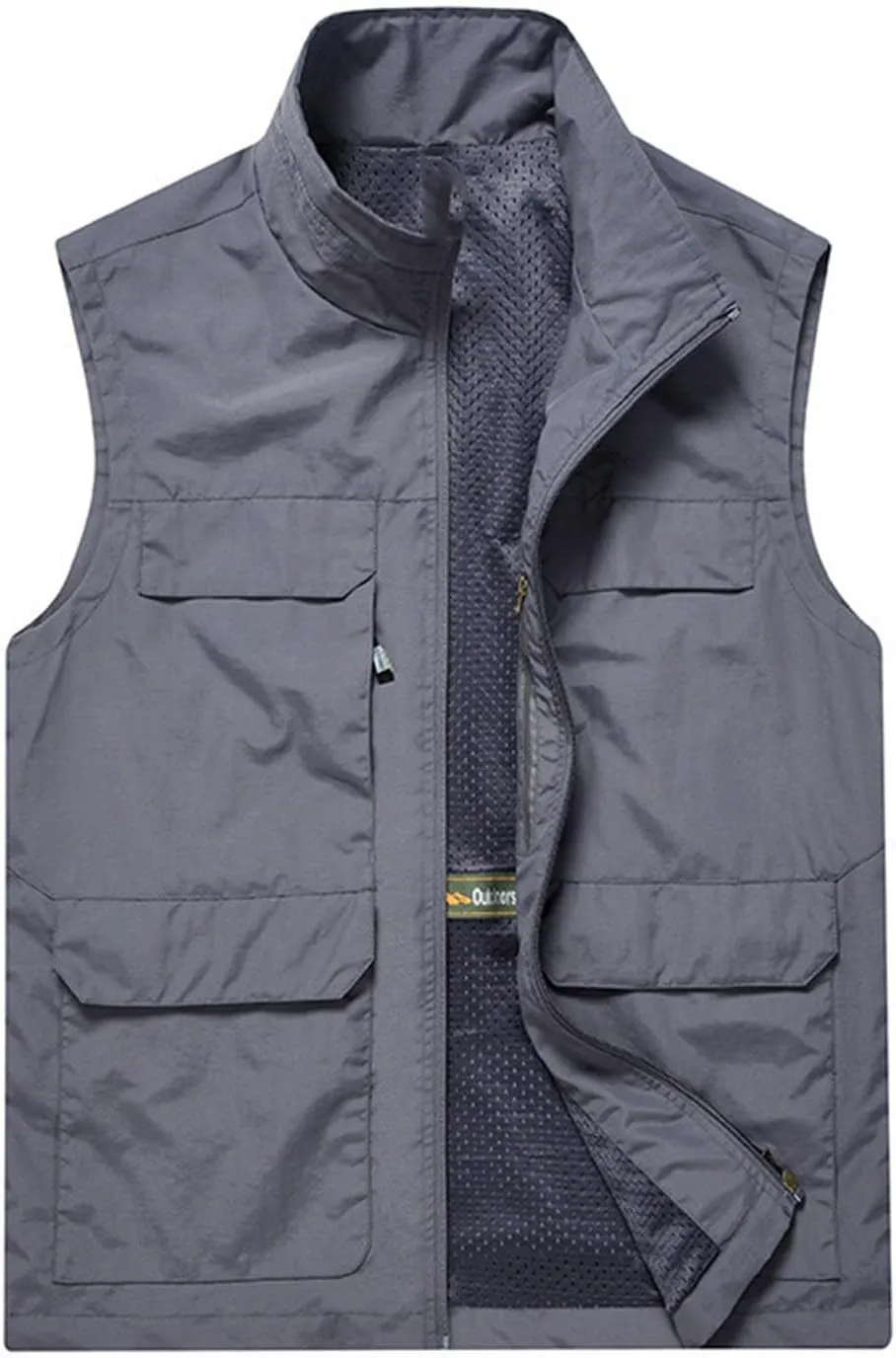 Men Causal Outdoor Vest Fishing Travel Photo Safari Vest Zip Up Stand Collar Quick-Dry Work Vest Jacket Multi Pockets