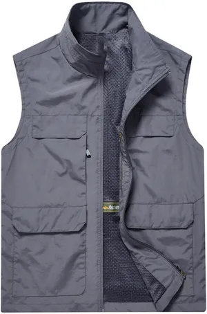 Men Causal Outdoor Vest Fishing Travel Photo Safari Vest Zip Up Stand Collar Quick-Dry Work Vest Jacket Multi Pockets