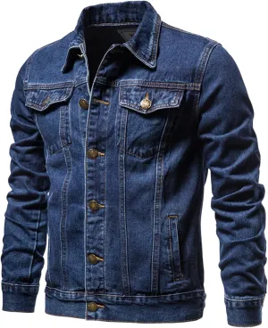 Mens Denim Jacket Casual Slim Pocket Lapel Solid Color Fashion Long Sleeve Button Jean Jackets