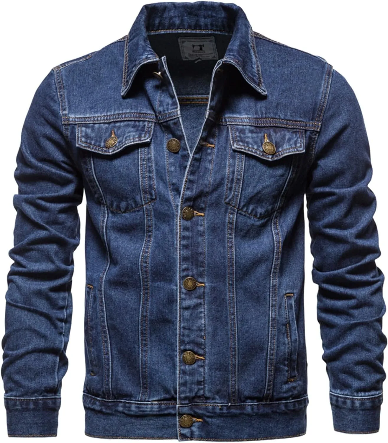 Mens Denim Jacket Casual Slim Pocket Lapel Solid Color Fashion Long Sleeve Button Jean Jackets