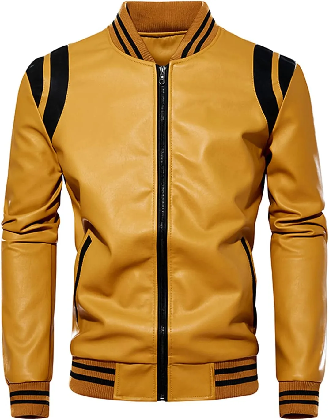 Men's Faux Leather Jacket Zipper Button Round Collar Casual Motorcycle Jackets Fashion Winter Long Sleeve Outwear