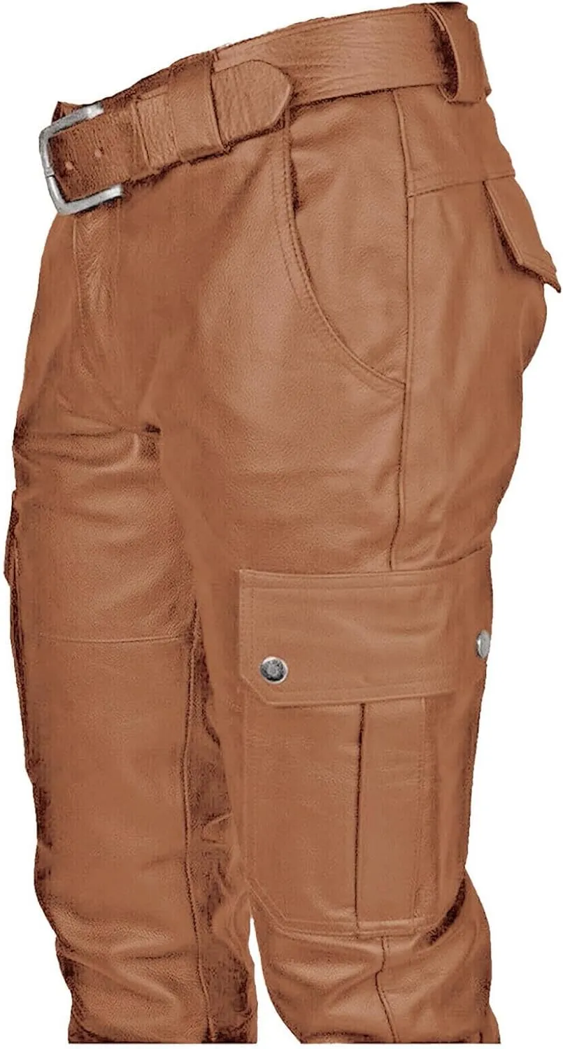 Men's Faux Leather Pants Fashion Steampunk Goth Pants Pocket Slim Fit Leather Pants Trousers with Multi Pockets