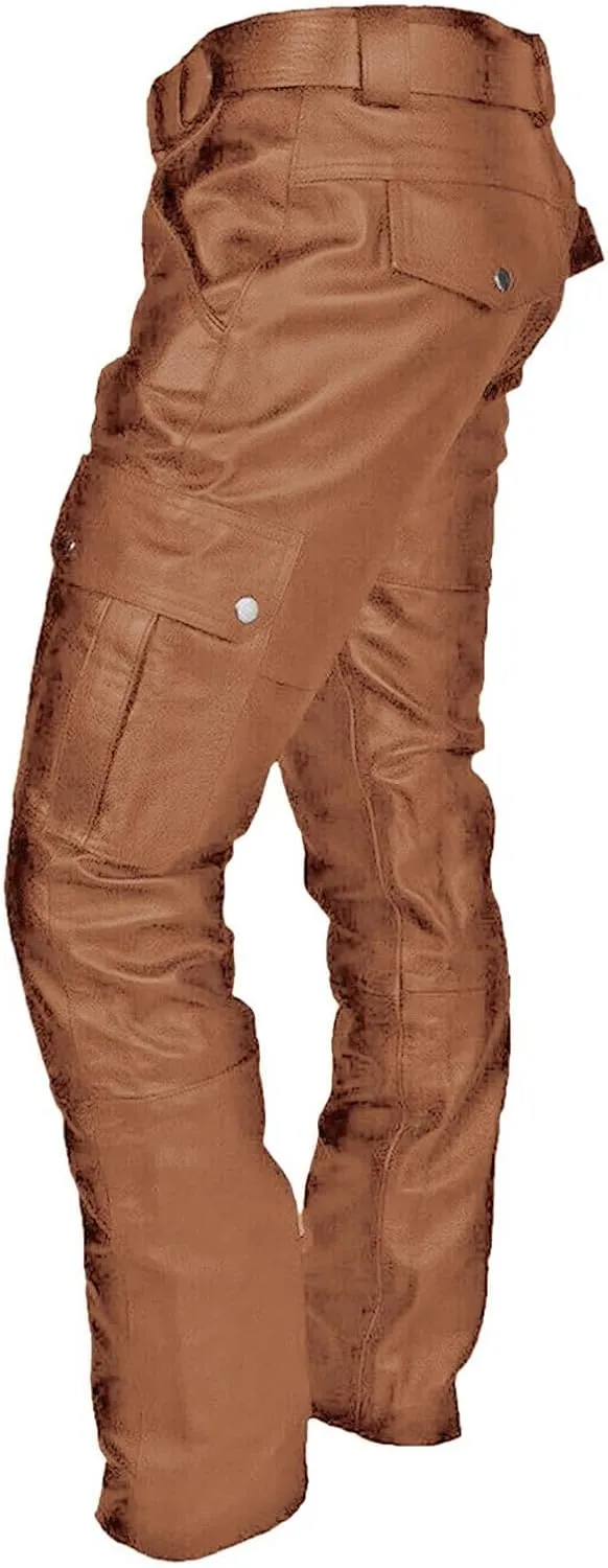 Men's Faux Leather Pants Fashion Steampunk Goth Pants Pocket Slim Fit Leather Pants Trousers with Multi Pockets