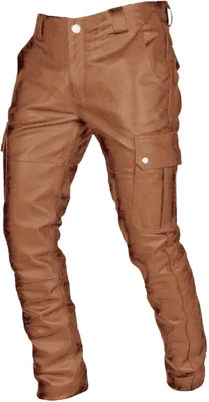 Men's Faux Leather Pants Fashion Steampunk Goth Pants Pocket Slim Fit Leather Pants Trousers with Multi Pockets