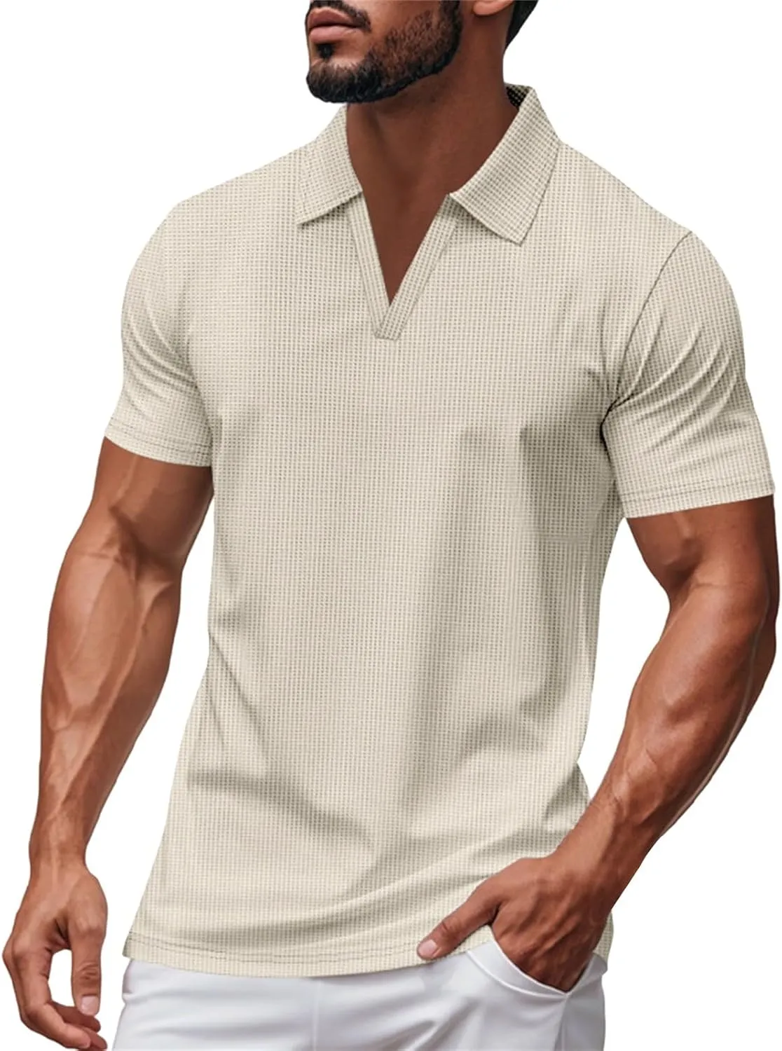 Mens Mulscle Polo Shirts V Neck Casual Slim Fit Stretch Short Sleeve T Shirt Solid Textured Golf Work Summer Tops