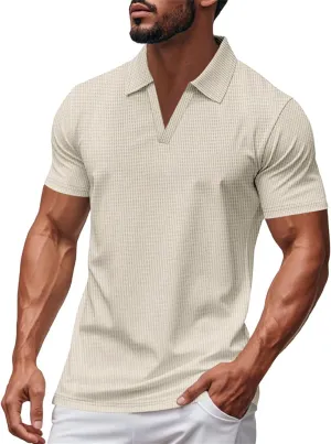 Mens Mulscle Polo Shirts V Neck Casual Slim Fit Stretch Short Sleeve T Shirt Solid Textured Golf Work Summer Tops