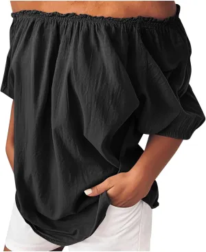 Off Shoulder Tops for Women Trendy Cotton Linen Oversized Tops Elastic Ruffle Trim Shirts Summer Loose Fit Blouse Top