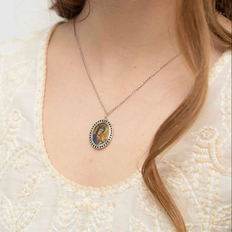 OUR LADY OF PERPETUAL HELP NECKLACE - DIAMONDS AND WHITE GOLD