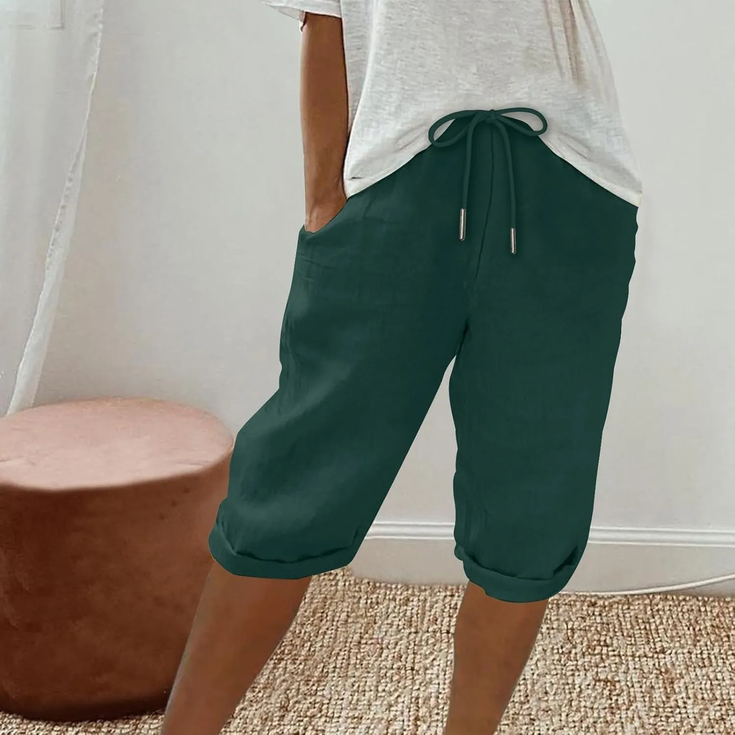 Pedal Pushers for Women Knee Length Elastic Waist Drawstring Linen Capris Pants Lightweight Summer Short