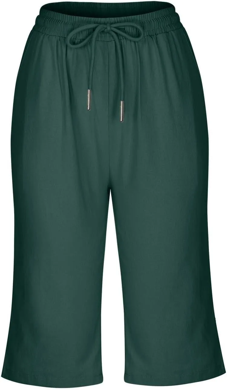 Pedal Pushers for Women Knee Length Elastic Waist Drawstring Linen Capris Pants Lightweight Summer Short