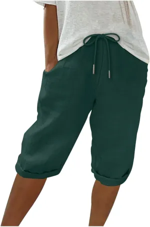 Pedal Pushers for Women Knee Length Elastic Waist Drawstring Linen Capris Pants Lightweight Summer Short