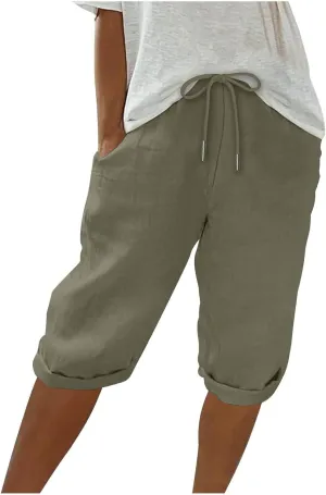 Pedal Pushers for Women Knee Length Elastic Waist Drawstring Linen Capris Pants Lightweight Summer Short