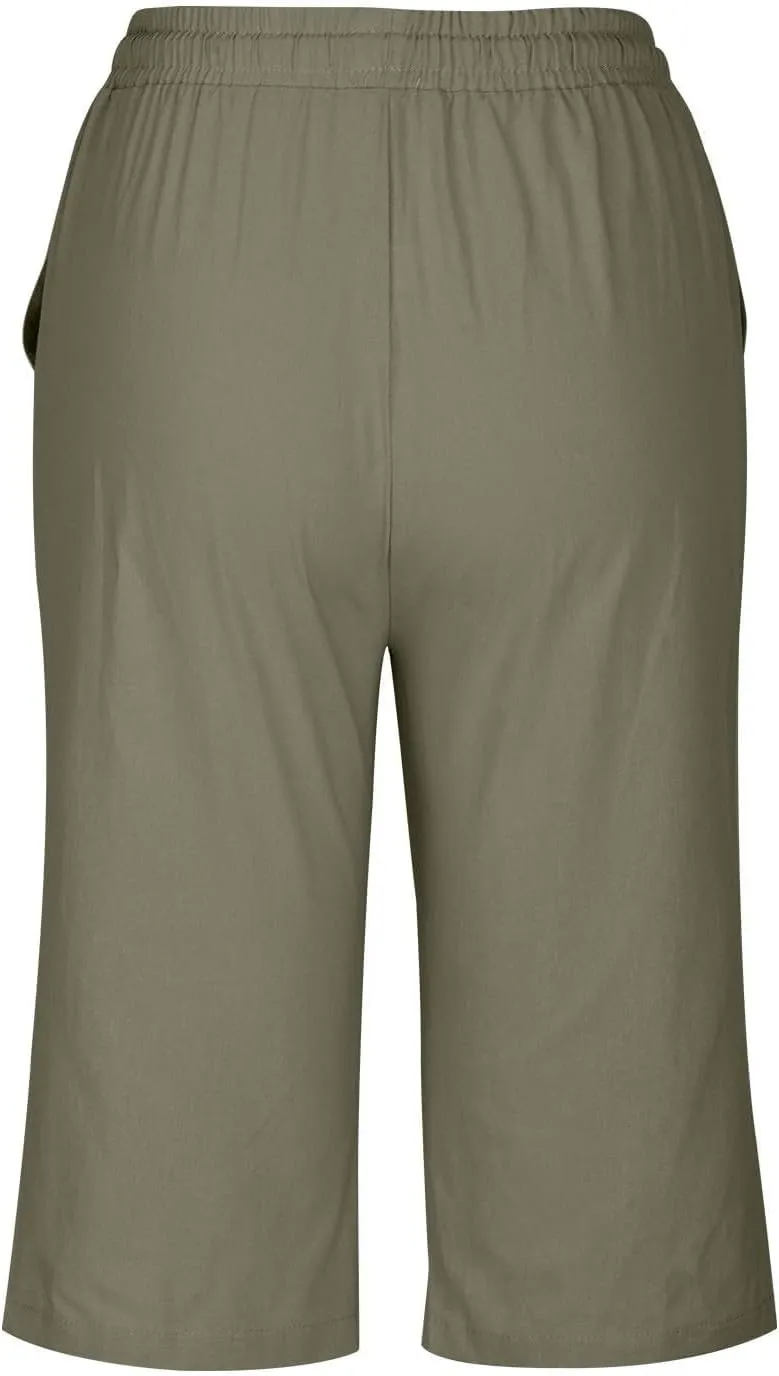 Pedal Pushers for Women Knee Length Elastic Waist Drawstring Linen Capris Pants Lightweight Summer Short