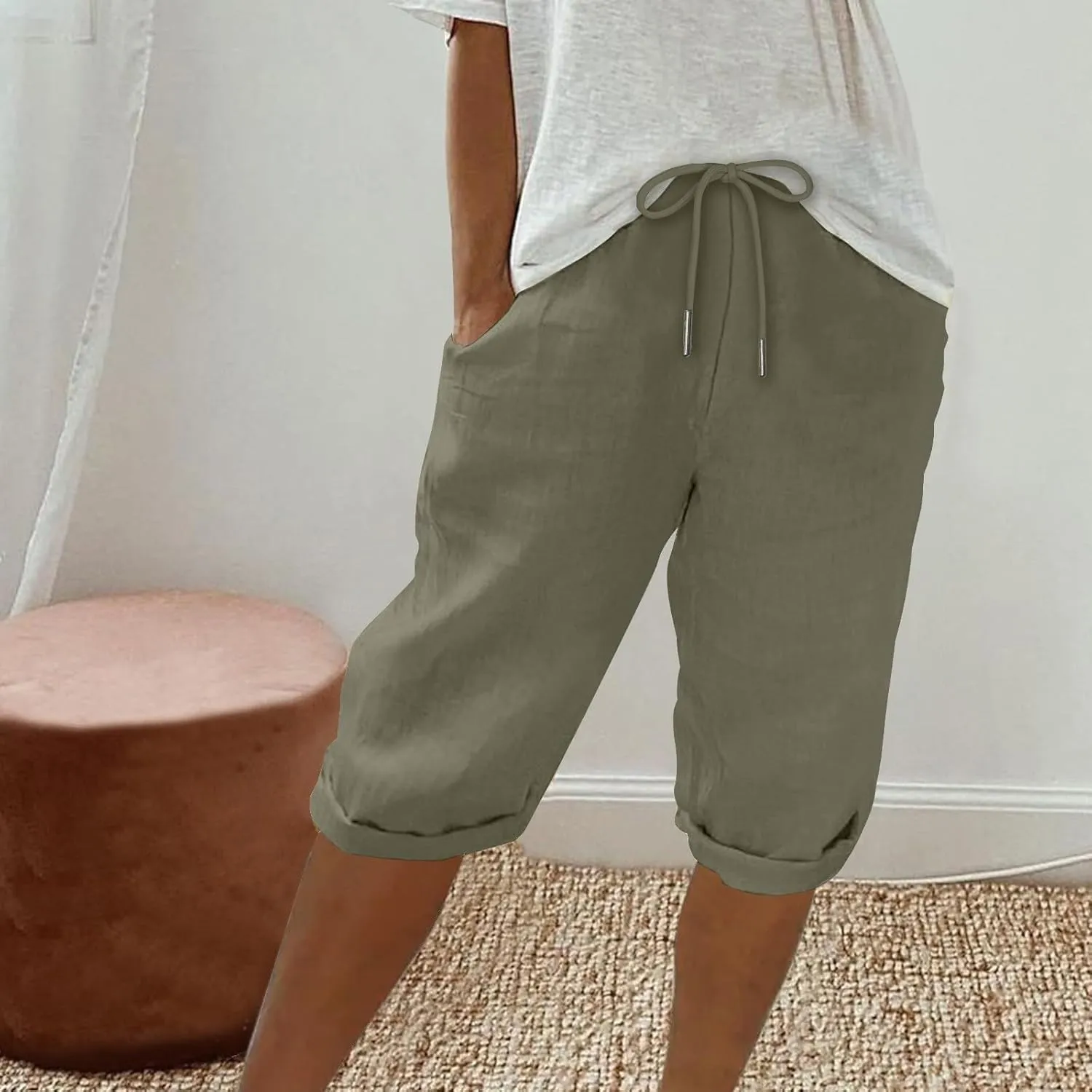 Pedal Pushers for Women Knee Length Elastic Waist Drawstring Linen Capris Pants Lightweight Summer Short