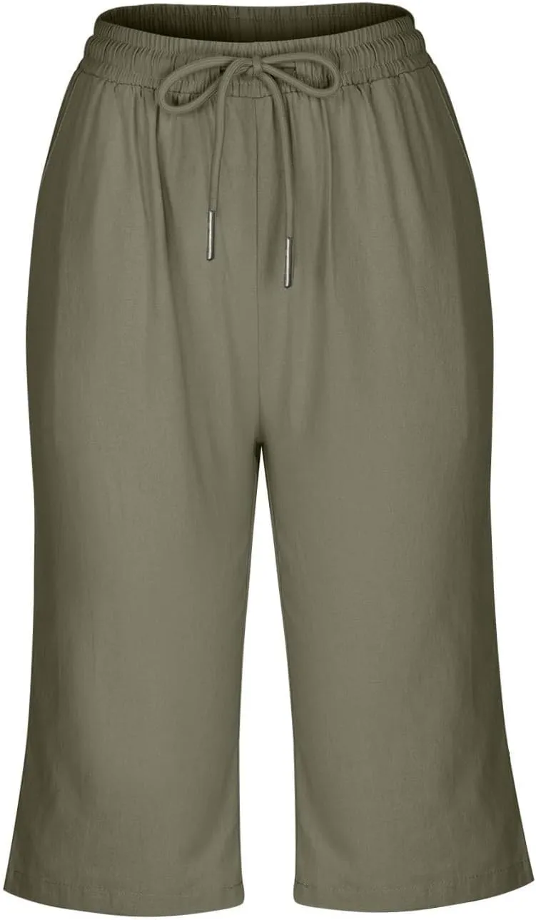 Pedal Pushers for Women Knee Length Elastic Waist Drawstring Linen Capris Pants Lightweight Summer Short