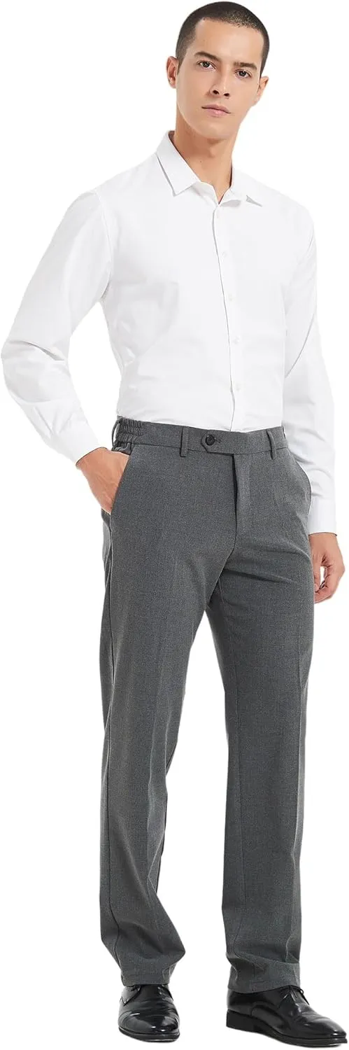 Plaid&Plain Men's Dress Pants with Elastic Waistband and Stretchy Fabric Straight Fit