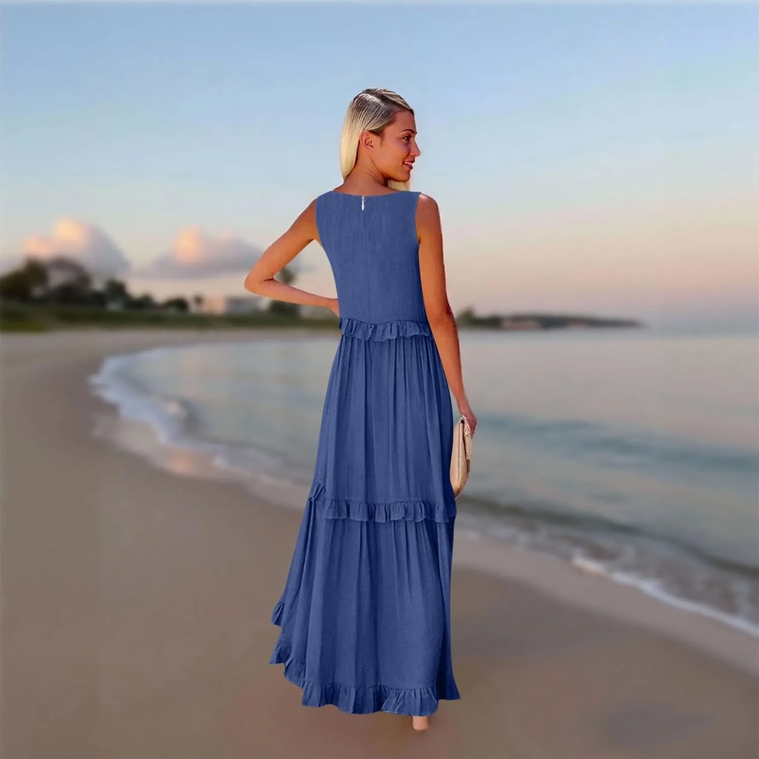 Plus Size Dresses for Curvy Women Summer Casual V-Neck Smocked Maxi Dress Loose Flowy Ruffle Sundress with Pockets