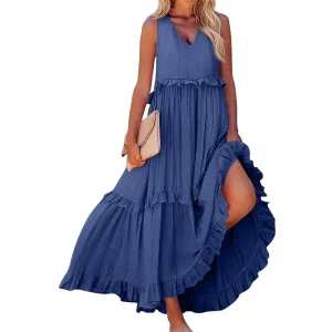Plus Size Dresses for Curvy Women Summer Casual V-Neck Smocked Maxi Dress Loose Flowy Ruffle Sundress with Pockets