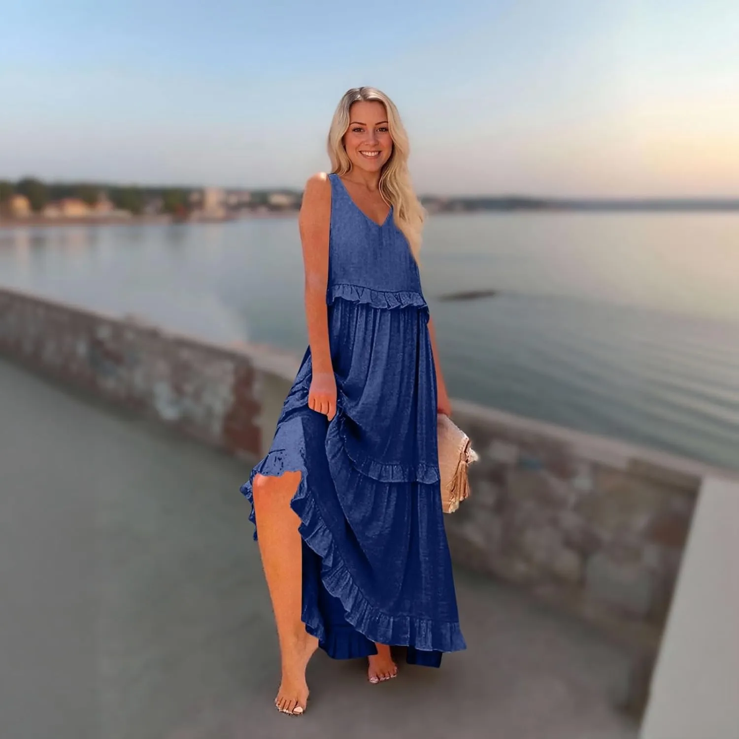 Plus Size Dresses for Curvy Women Summer Casual V-Neck Smocked Maxi Dress Loose Flowy Ruffle Sundress with Pockets