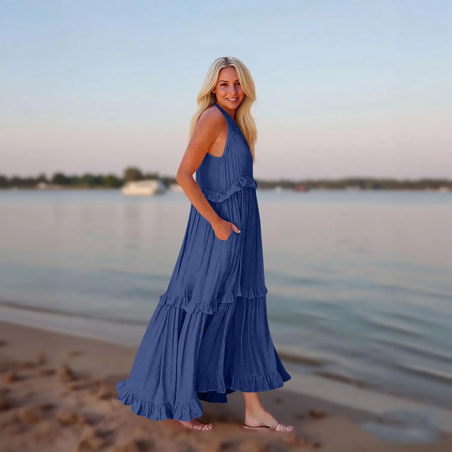 Plus Size Dresses for Curvy Women Summer Casual V-Neck Smocked Maxi Dress Loose Flowy Ruffle Sundress with Pockets