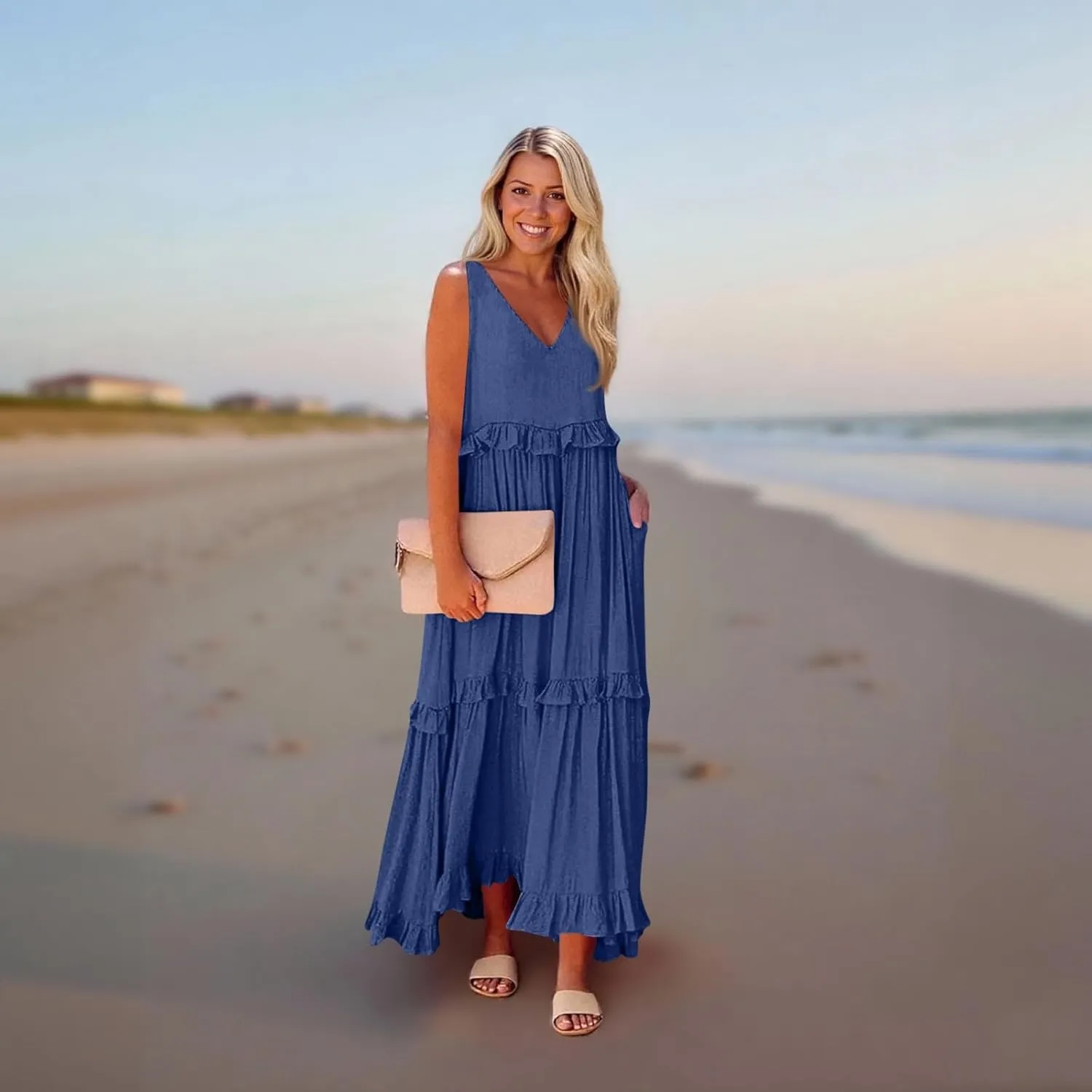 Plus Size Dresses for Curvy Women Summer Casual V-Neck Smocked Maxi Dress Loose Flowy Ruffle Sundress with Pockets