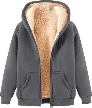Plus Size Winter Coat for Women Fleece Lined Jacket Fuzzy Warm Hooded Sweatshirts Oversized Zipper Hoodies Outwear