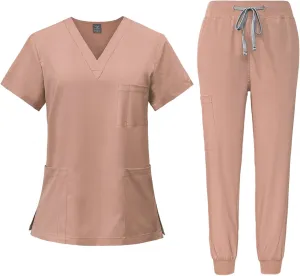 Scrubs for Women Set Stretch V-Neck Scrub Tops with Pockets & Cargo Pant Quick Drying Solid Nurse Work Uniform