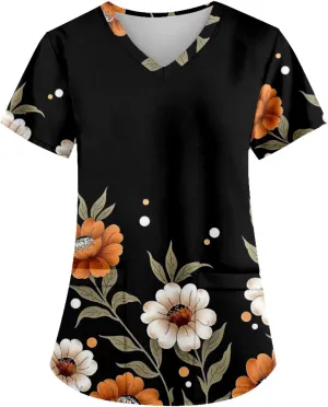 Scrubs for Women Short Sleeve V Neck Working T-Shirts Printed Comfy Nurse Uniforms Vacation Dressy Care Workwear