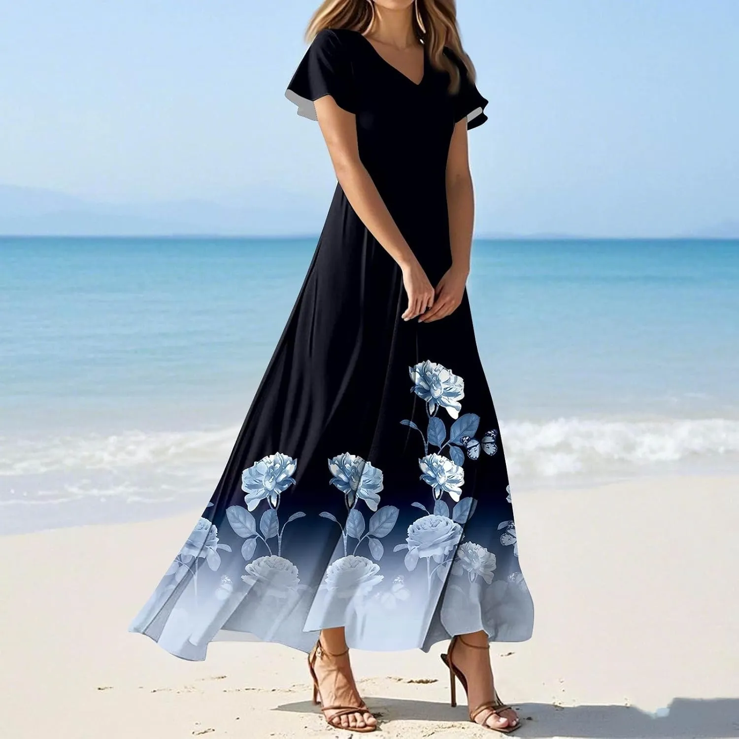 Summer Dress for Women 2025 Elegant Classy Swing Flowy V Neck Boho Sun Dresses Trendy Casual Vacation Long Sundresses