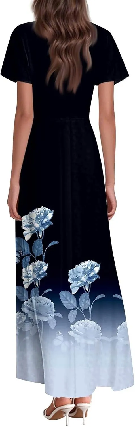 Summer Dress for Women 2025 Elegant Classy Swing Flowy V Neck Boho Sun Dresses Trendy Casual Vacation Long Sundresses