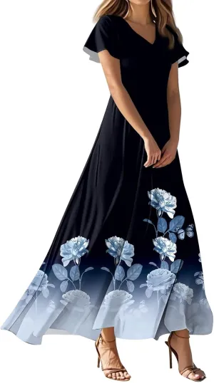 Summer Dress for Women 2025 Elegant Classy Swing Flowy V Neck Boho Sun Dresses Trendy Casual Vacation Long Sundresses