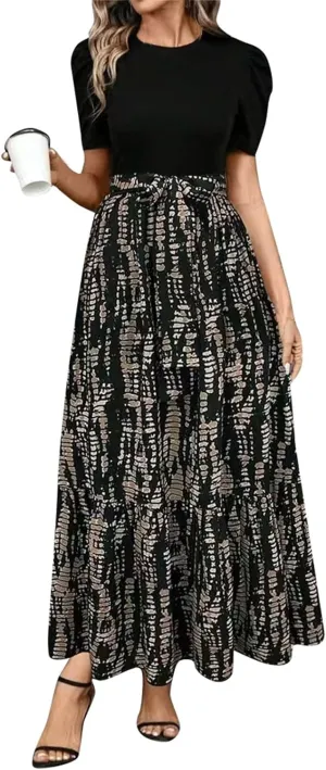 Summer Dresses for Women Casual A-Line Maxi Dress Elegant Flowy Long Dress High Waist Floral Printrd Dress with Belt